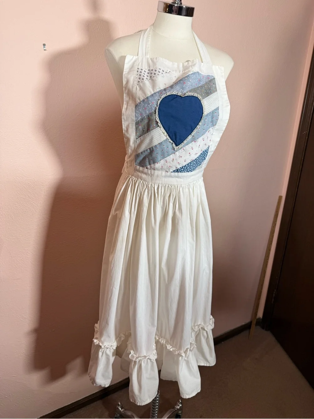 Handmade cottagecore Quilted Blue white ruffled Heart apron